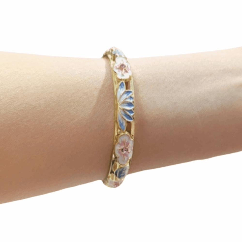 Gold Plated Enamel Floral Bangle Elegant Lotus Floral Open Cuff Bracelet Cloisonne Bangle Ladies