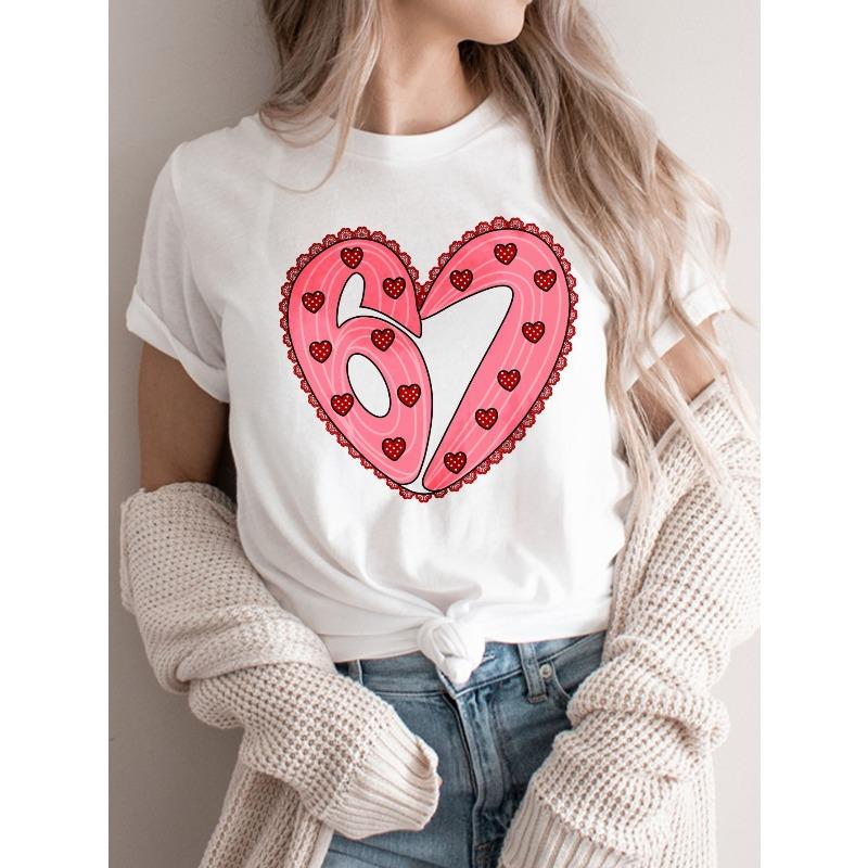 Women s Blouse Short Sleeve T-Shirt - Heart & Polka Dot Number 67 Design, Round Neck Casual Top with Numbered Print, S белый