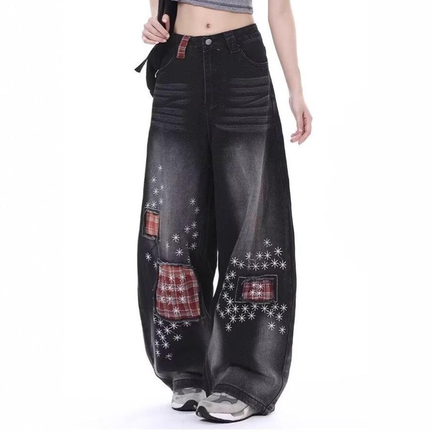 American retro plaid splicing scimitar jeans men's and women's new casual loose wide-leg drape pants