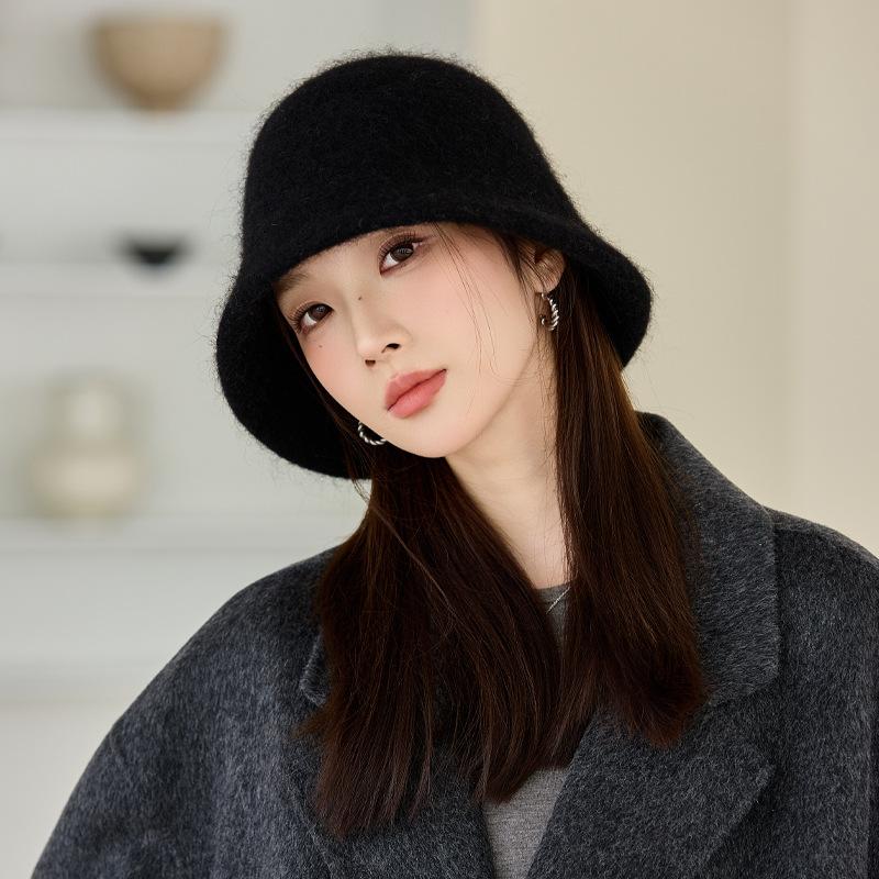 Autumn and Winter Hat Women's Solid Color Knitted Wool Hat Fleece Warm Bucket Hat Bucket Hat
