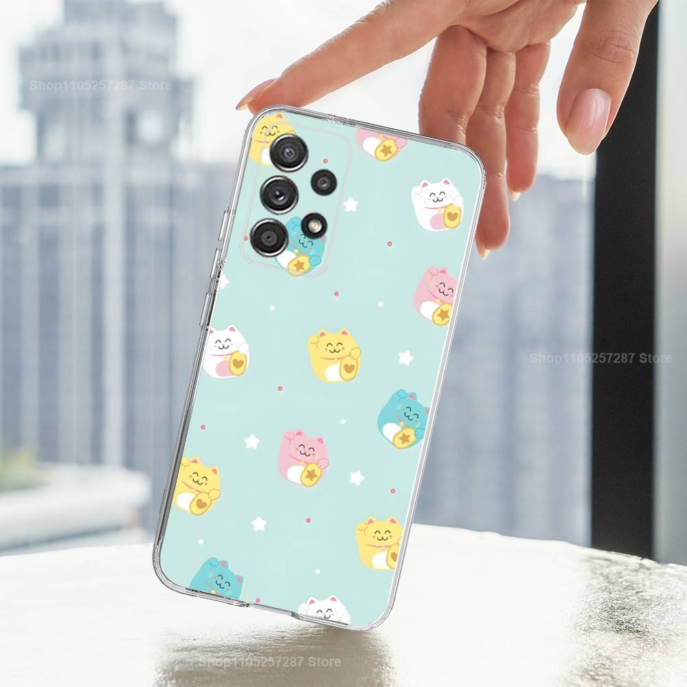 Cartoon Lucky Cat Cute Art Phone Case For Samsung A51,71,30,S21,10,20,Ultra,FE,Lite, S22,23,9,PIus,Transparent, Silicone