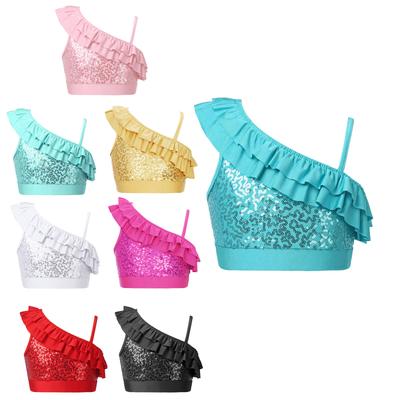 Girls Asymmetrical Shoulder Sequin Crop Top Ruffle Detail Elastic Band Dance Performance Outfit