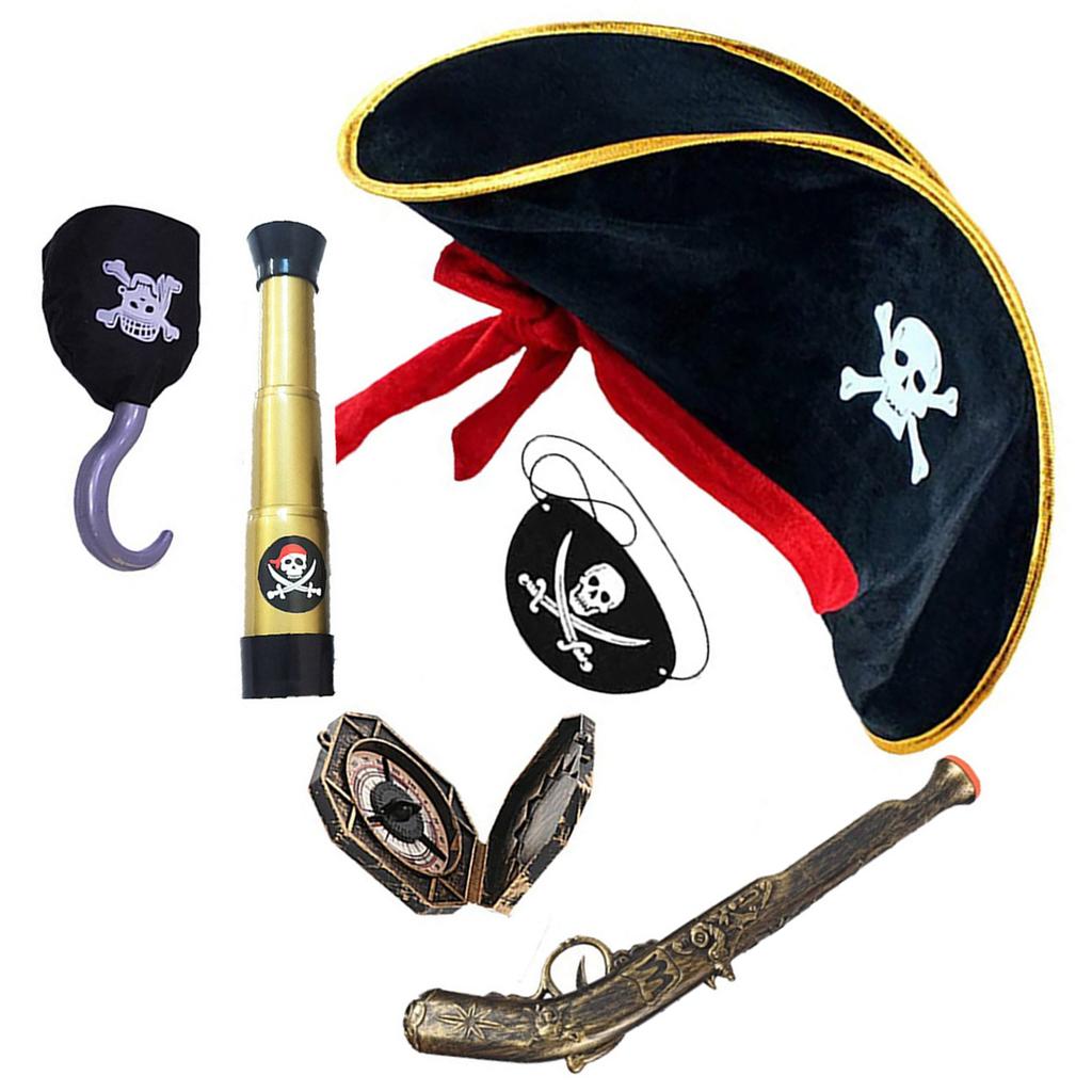 Piratfest Kostymset med Teleskop Kompass Dödskallemönstrad Hatt Karta för Barn Cosplay Smycken Halloween Tema Tillbehör