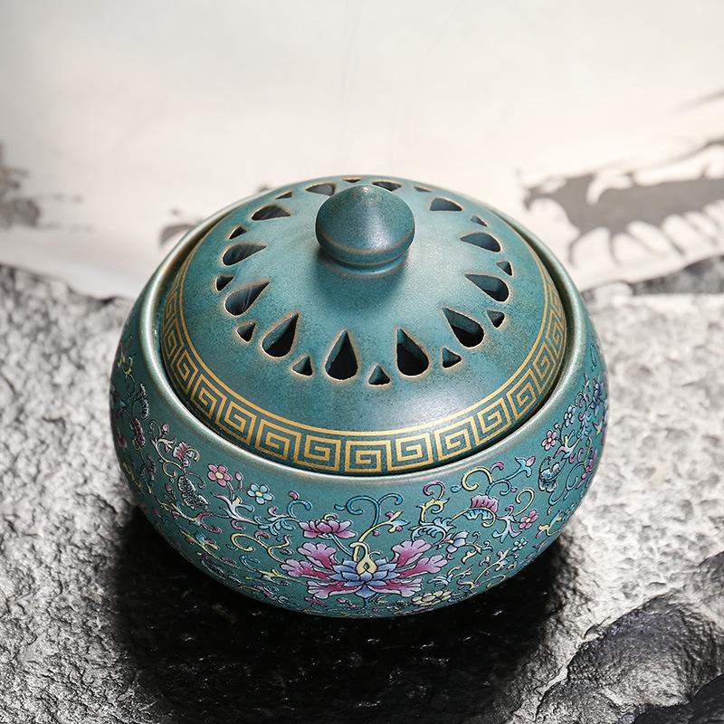 Enamel Lotus Pattern Ceramic Incense Burner for Home Use