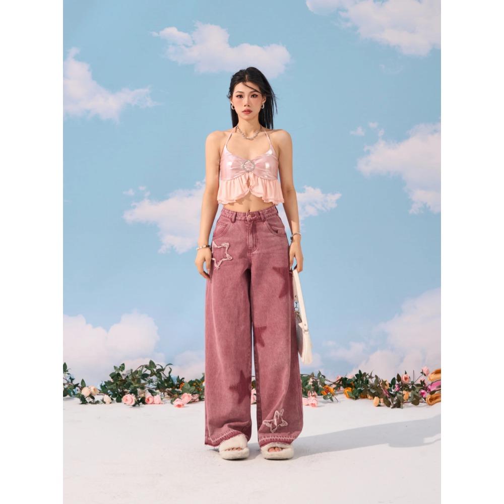 Pink Star Jeans mit geradem Bein für Damen, Sommermode, Design-Feeling, Y2K, lockere und schmale High Street-Jeans mit weitem Bein