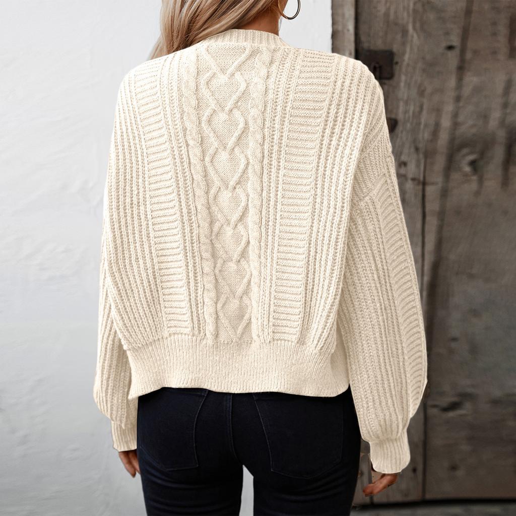Women's Fashion Casual Solid Color V-Neck Long Sleeve Loose Knitted Cable Button Cardigan Sweater Jacket