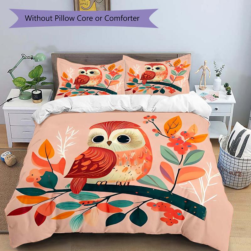 3pcs Cuddly Owl Design Bedding Set, Including Soft and Comfortable Home Bedroom Fabric L022