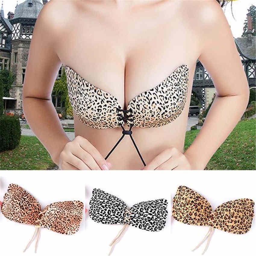 Female's Sexy Leopard Silicone Push Up Strapless Invisible Stick On Backless Gel Dress Bra Nubra