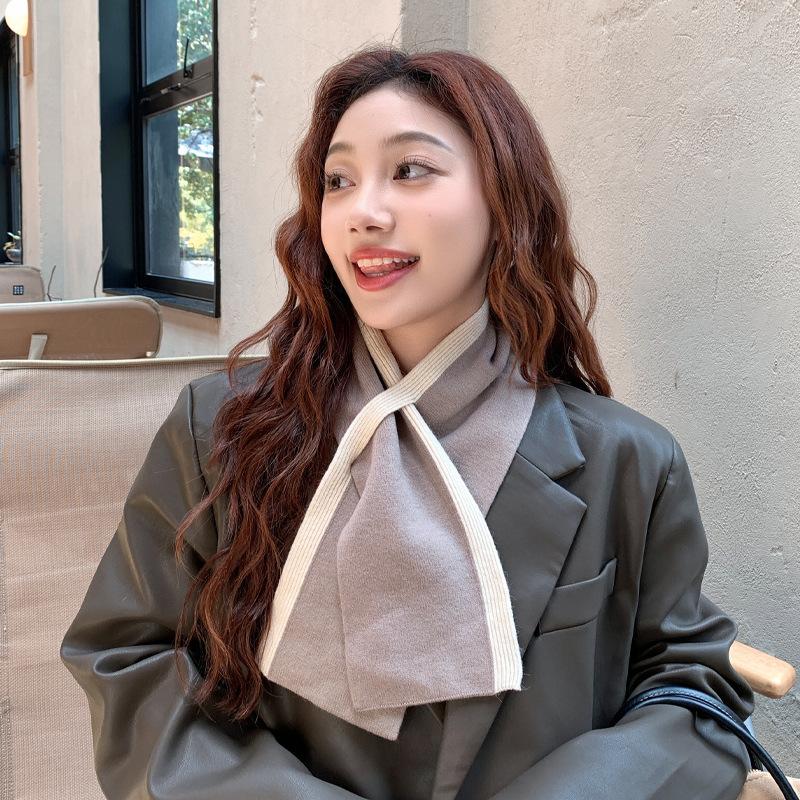

Autumn and Winter Scarf High End New Imitation Wool Short Warm Neck Protection Cross Scarf Woolen Knitted Scarf 12*85cm