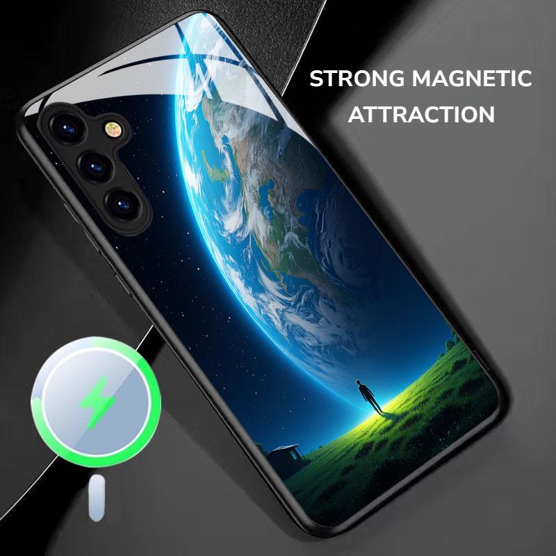 New Stylish Earth View Magnetic Tempered Glass Phone Case for  Galaxy Note20/S20/S21/S22/S23/S24/S25/S26Plus Ultra FE