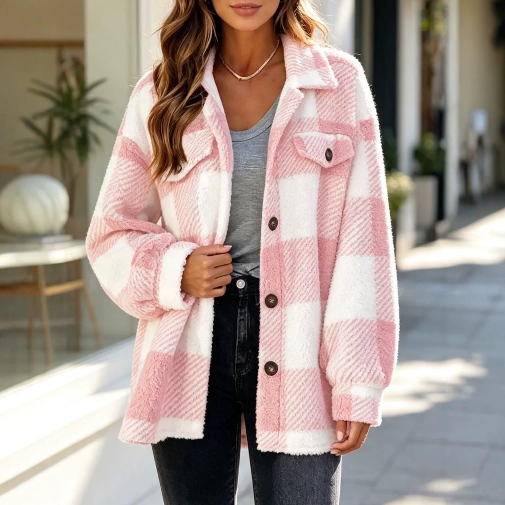 Women Autumn Winter Long Sleeve Plus Size Plaid Fleece Shacket Faux Pocket Coat