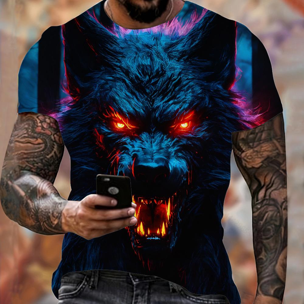 Summer Men's Lightweight Fitness Sports T-Shirt Cool Fire Wolf Graphic 3D Print Short Sleeve Casual Loose Streetwear Men's Tops