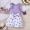 Girls' Summer Knit Tank Top with Ruffles and Sleeveless Backless Top + Heart Print Shorts Two-Piece Casual Set