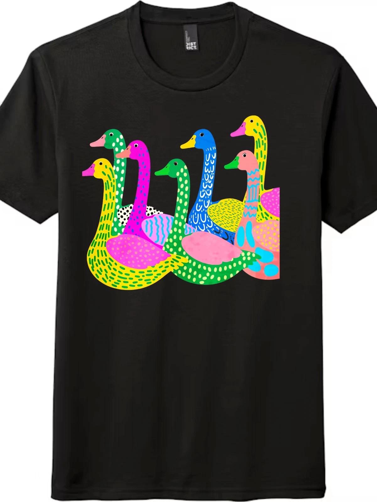 Bright Folk Art Geese Print T-Shirt, Vibrant Waterfowl Lover Casual Tee S
