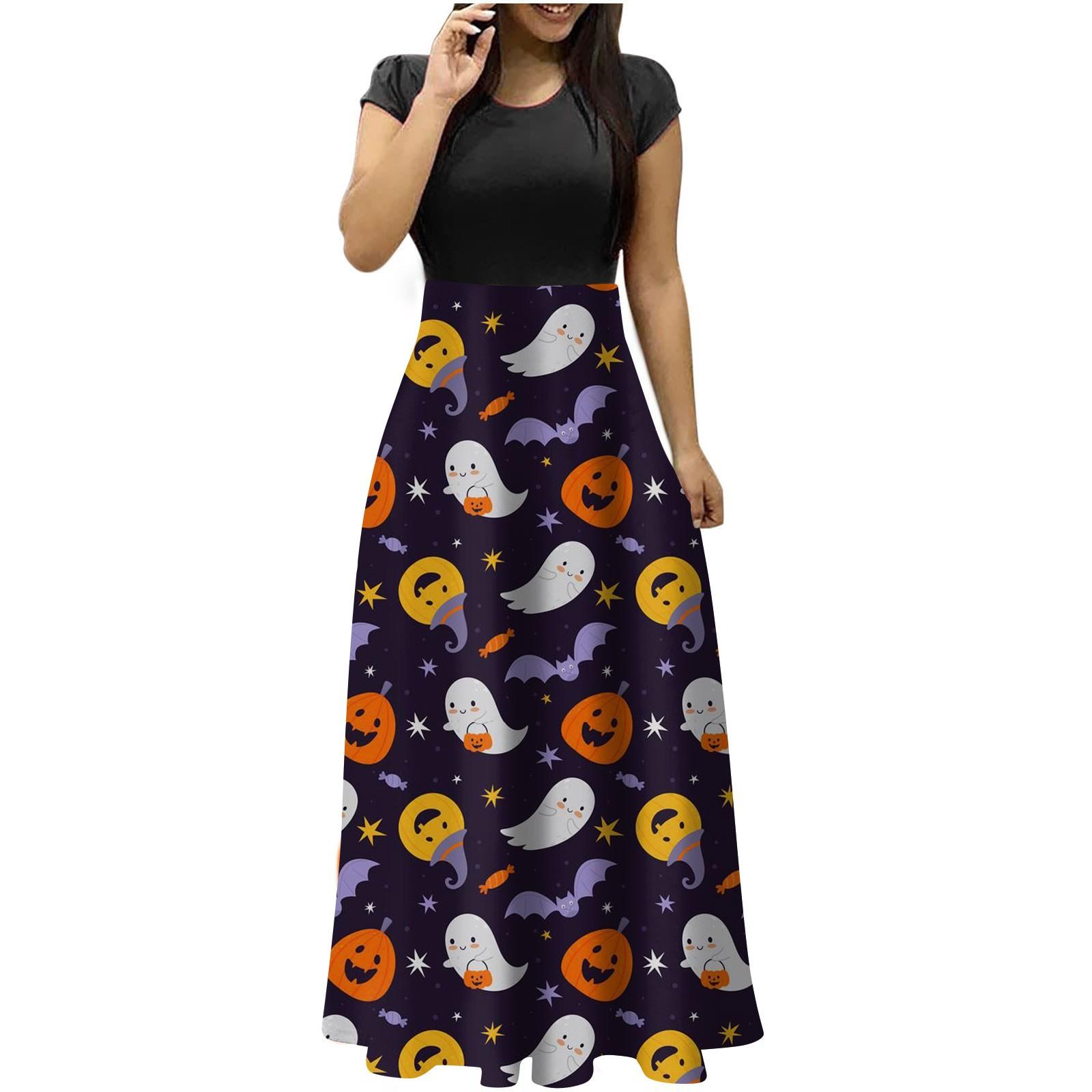 

(SU)Женская мода повседневное Хэллоуин печати круглый вырез с короткими рукавами длинные платья большого размера
