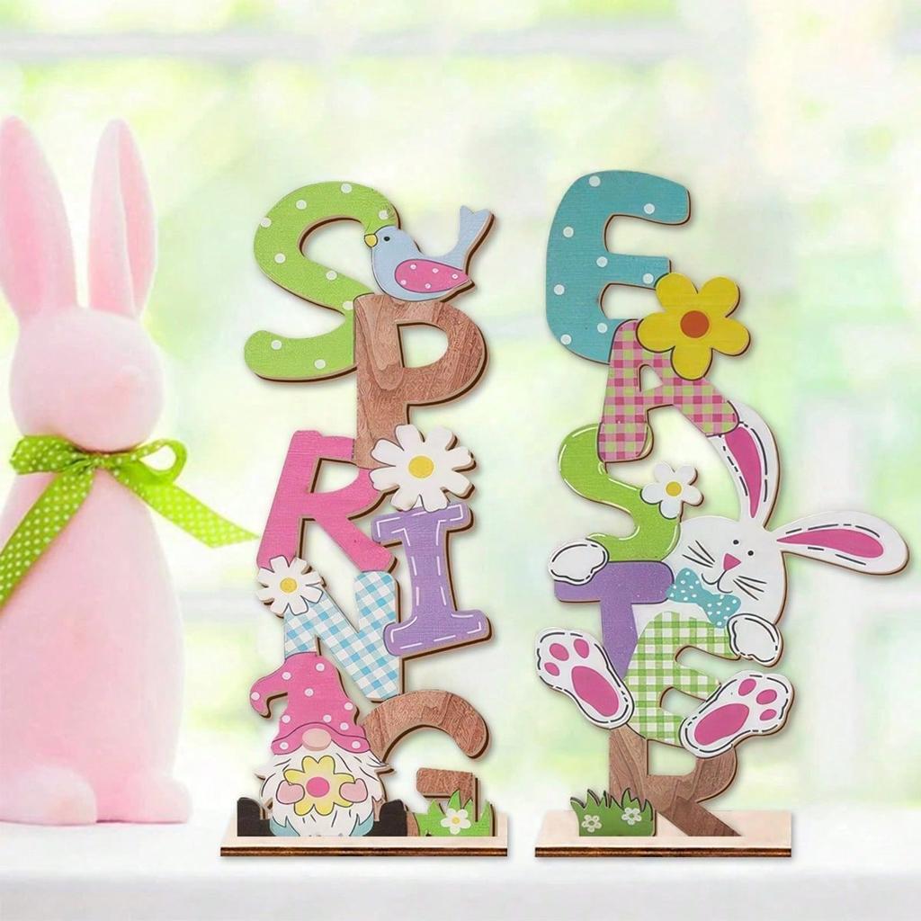 Desktop Ornament, Spring Easter Desktop Decoration Theme Scene Decoration, Colorful Letter Cartoon Rabbit And Dwarf Ornament