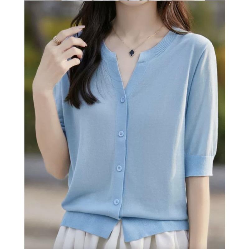 Women's Short Sleeved T-shirt Summer Loose Cardigan T-shirt V-neck Ice Silk Knitted Top