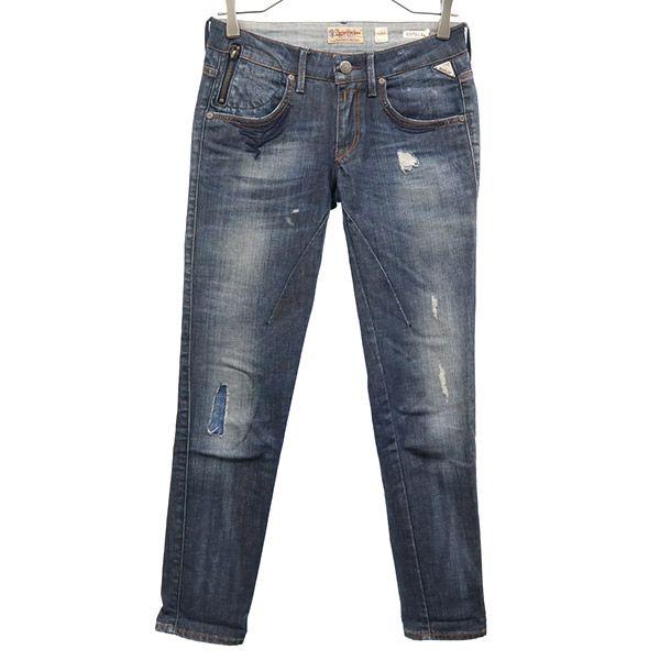 Replay One Point Logo Embroidery Damage Processing Skinny Denim Pants Women Used