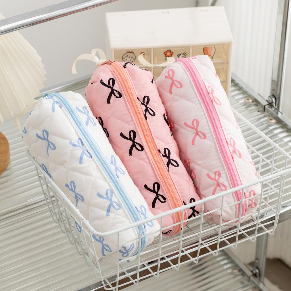 Large Capacity Fabric Pencil Bag With Bow Pattern For Students And Organization