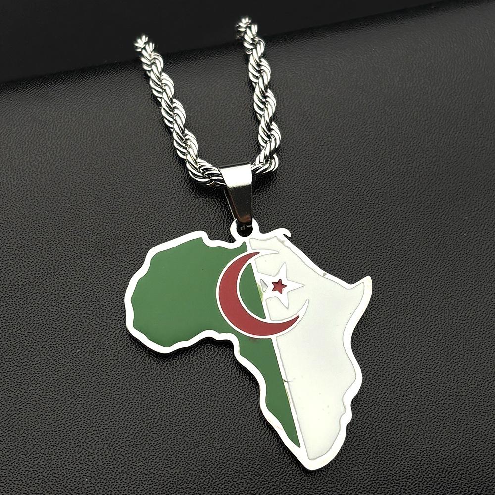 Afrikanische Algerien Karte Flagge Anhänger Halskette für Damen Herren Edelstahl Emaille Goldfarbe Halbmond Stern Kette Schmuck Geschenk gray