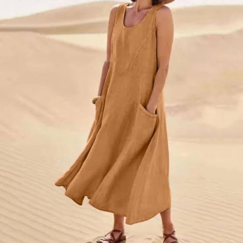 Summer Pocket Sleeveless Round Neck Women's Cotton and Linen Dress Lady Loose Solid Color Pullover Big Swing Dress