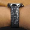 Vinacreations 18mm Black Stingray Leather Watch Strap with Galuchat Leather Replacement Watch Silver Wristband with Handmade for D-Buckle, Men's Band,