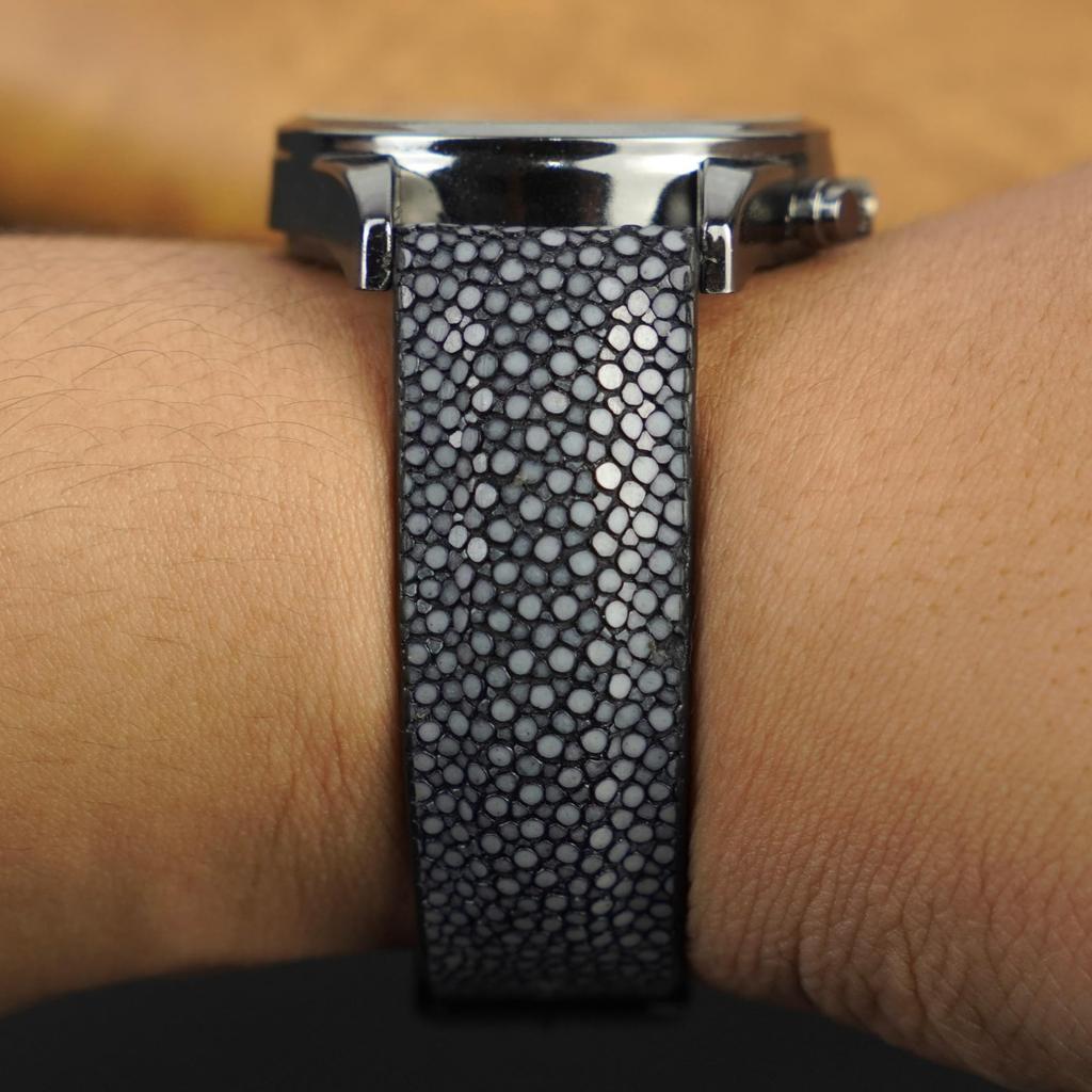 Vinacreations 18mm Black Stingray Leather Watch Strap with Galuchat Leather Replacement Watch Silver Wristband with Handmade for D-Buckle, Men's Band,