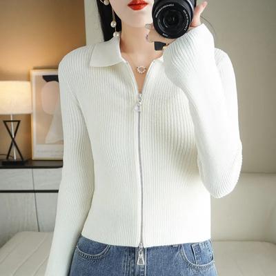 Maglione da Donna Autunnale con Collo Polo in Morbida Lana Cardigan Lavorato a Maglia con Doppia Zip Top
