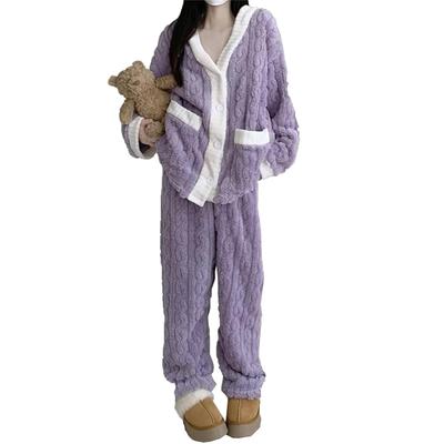 HuuMeNEIDOO Fluffy Pajamas Long Top and Warm Loungewear for Fall and Winter Women's Set, V-Neck, Open-Front, Sleeves, Color-Changing Pants, Travel,