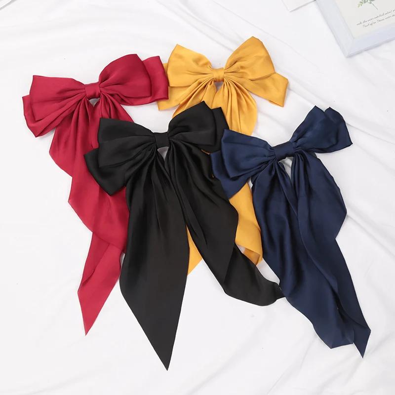 Elegant Women Bow Ribbon Hair Clip Fashion Simple Solid Satin Spring Clip Hair Pin Retro Headband Clips Girls Hair Accessories