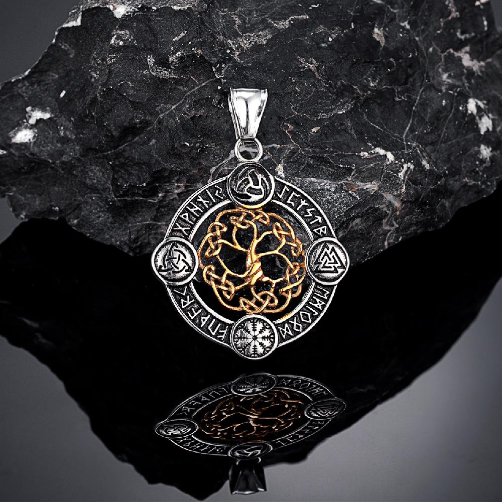 Never Fade Norse Rune Life Tree Necklace Men Gold Stainless Steel Pendant Valknut Trinity Male Lucky Amulet Viking Jewelry
