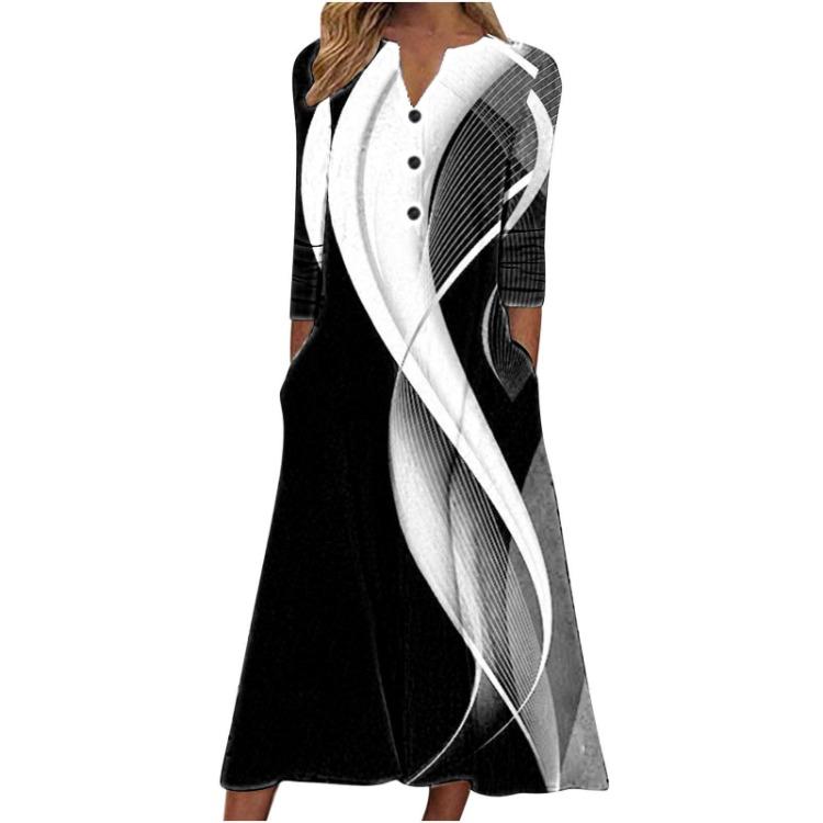 2023 Autumn Women Printed Maxi Dress Long Sleeve Open Chest Skirt Fashion Trendy