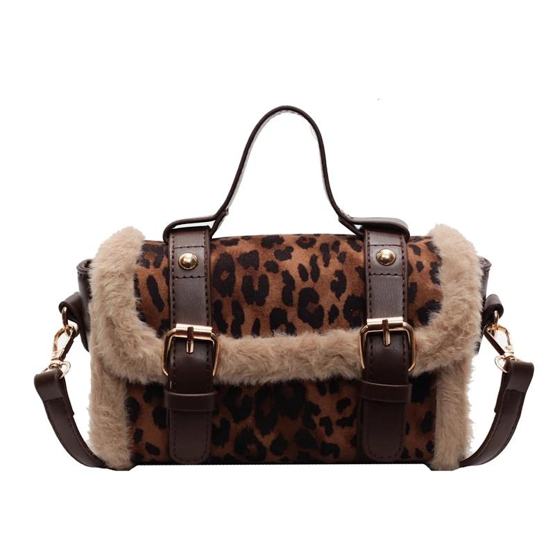 Exquisite Faux Leopard Suede Boston Shoulder Bags High Quality Sense of Luxury Designer New Style Bags