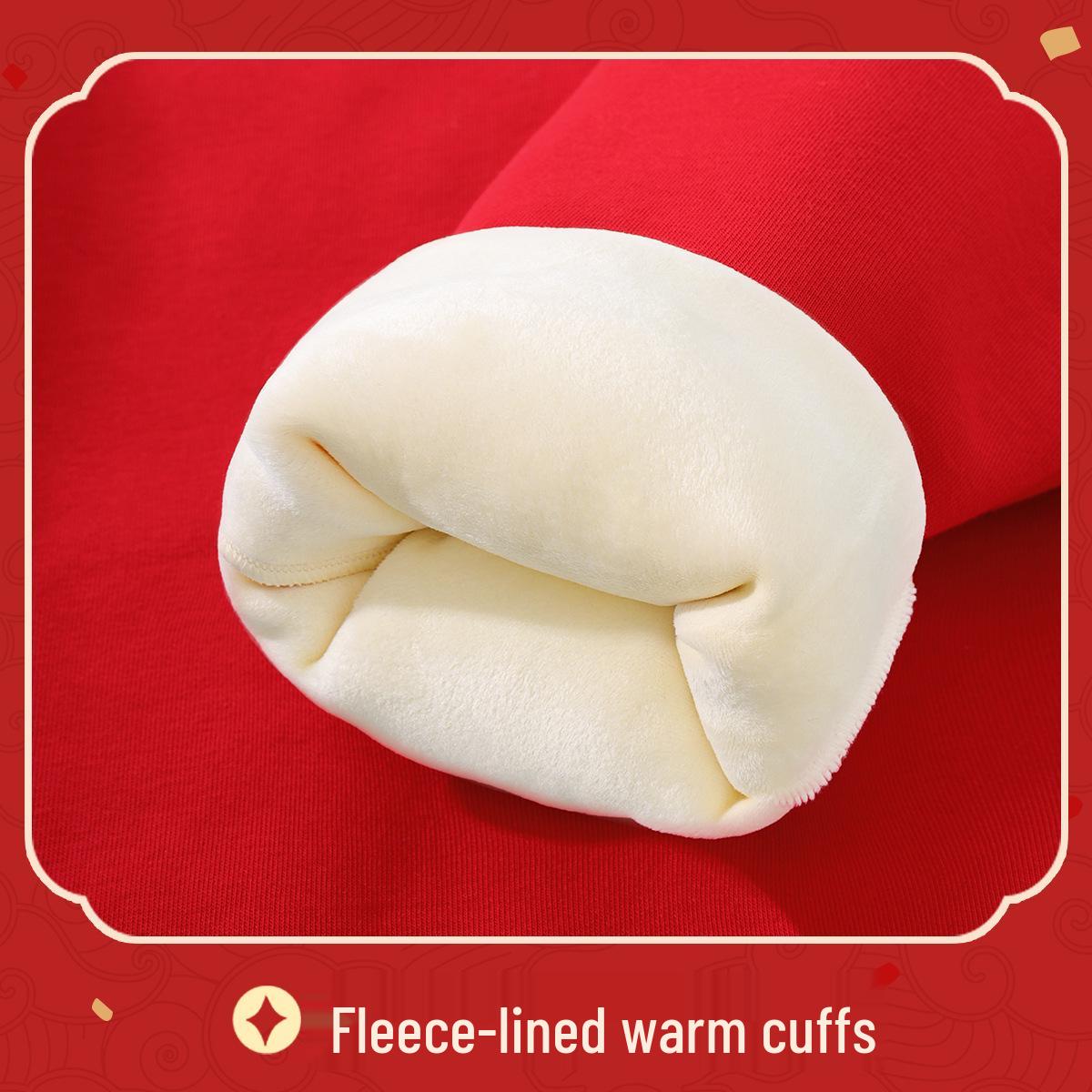 Year of the Horse Girls Winter Velvet New Year Outfit - Red Hoodie Top Set 130cm 1390₽