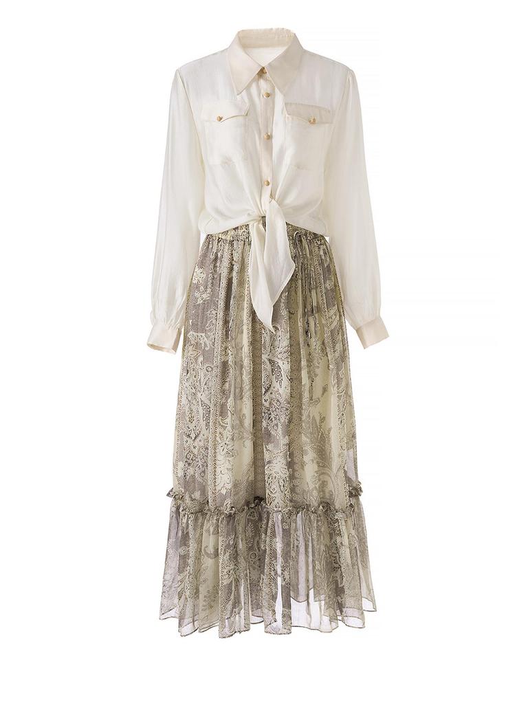 Elegant Resort-Style Tencel Acetate Shirt & Retro Print Skirt Set for Women