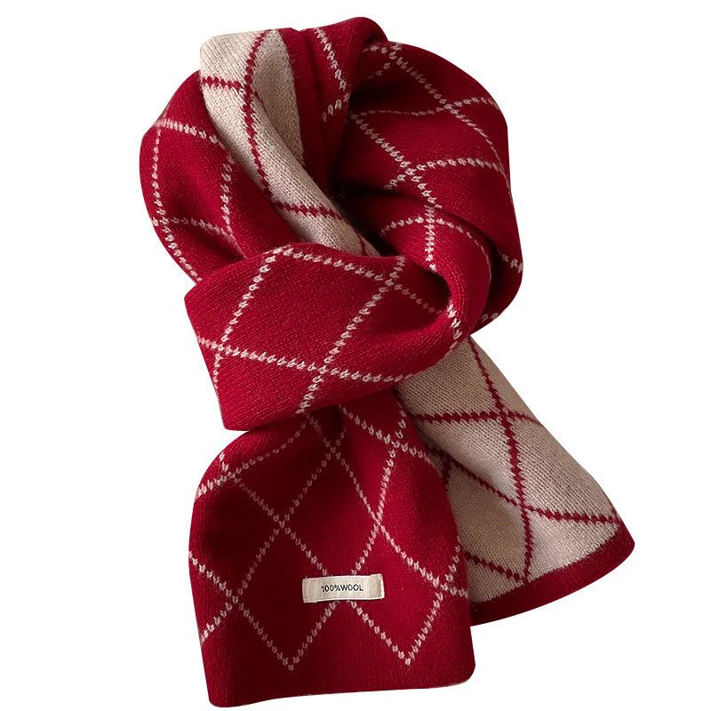 Diamond Plaid Wool Scarf Women's Winter Warm Long Knitted Two Color Versatile Scarf Student Korean Version Couple Style
