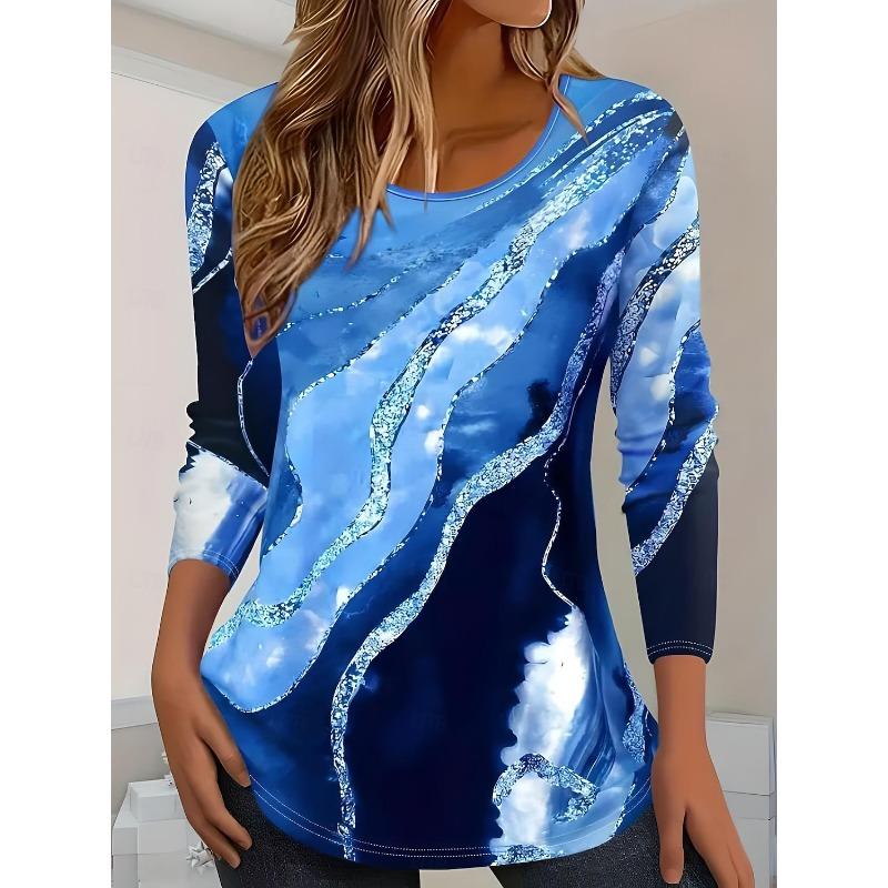 Women's T Shirt Magma pattern printing Vintage Stylish Long Sleeve Crew Neck Regular Tops Daily Going out Weekend Print  Spring