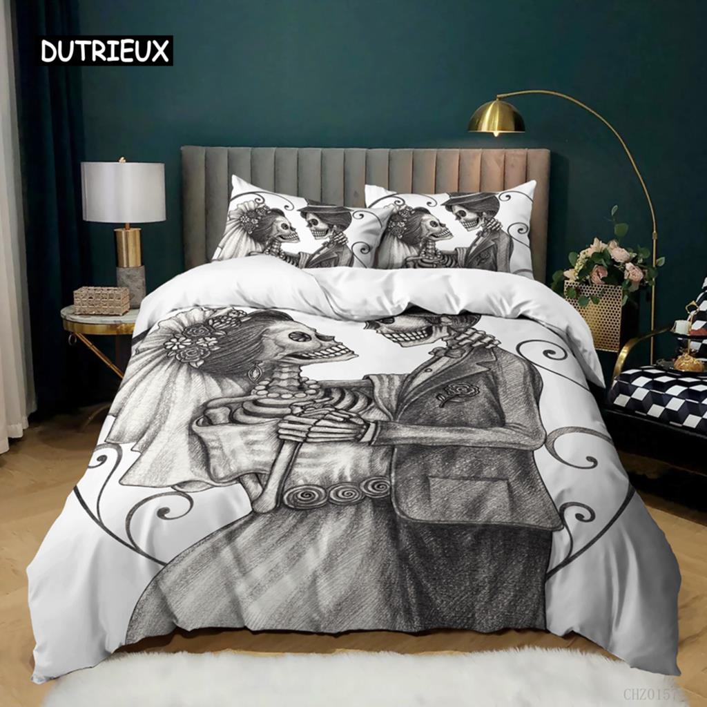 Skull Duvet Cover Set Rose Twin Skeleton Kiss Comforter Cover Teens Gothic Skeleton Double Queen King Size Polyester Qulit Cover