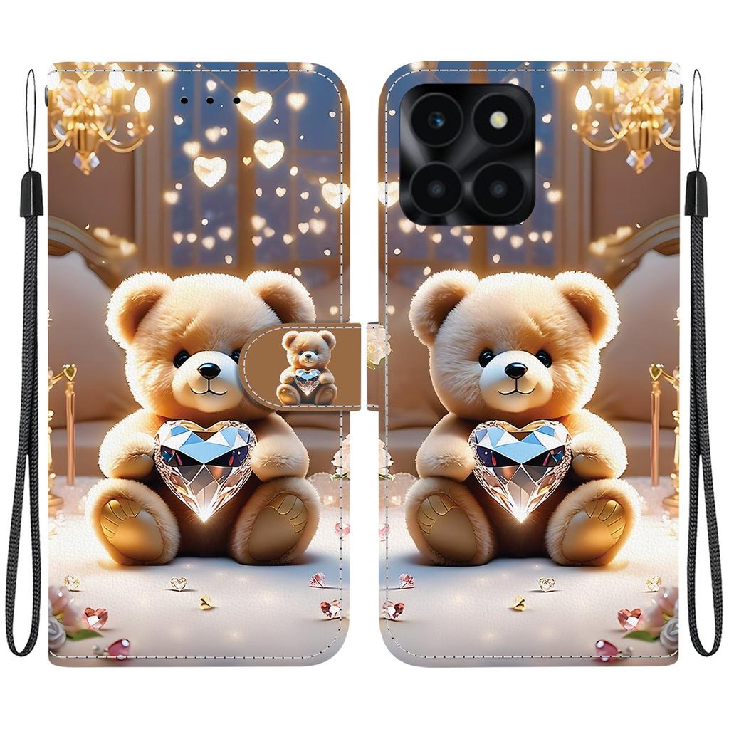 Handmade PU Leather Flip Case for Honor X6a Anti-Slip Shockproof Cover with Wrist Strap & Heart/Rose Cat Designs