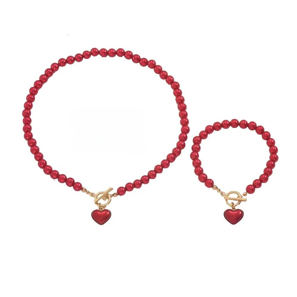 2pcs Set Personality Charm Geometric Red Heart-shaped Pendant Imitation Pearl Chain OT Clasp Necklace Bracelet for Women Jewelry