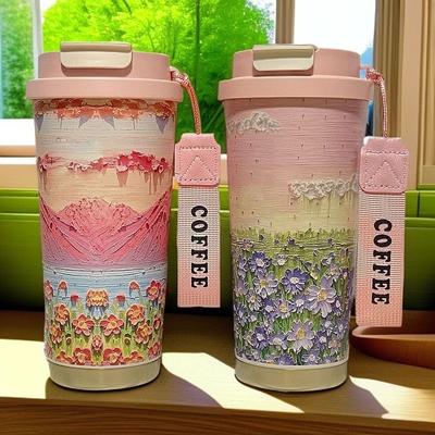 Flowers Garden Travel Coffee Tumblers Ceramic Inner Liner Tumbler Stainless Steel Cup with Lid & Straw Coffee Mug Holiday Gifts