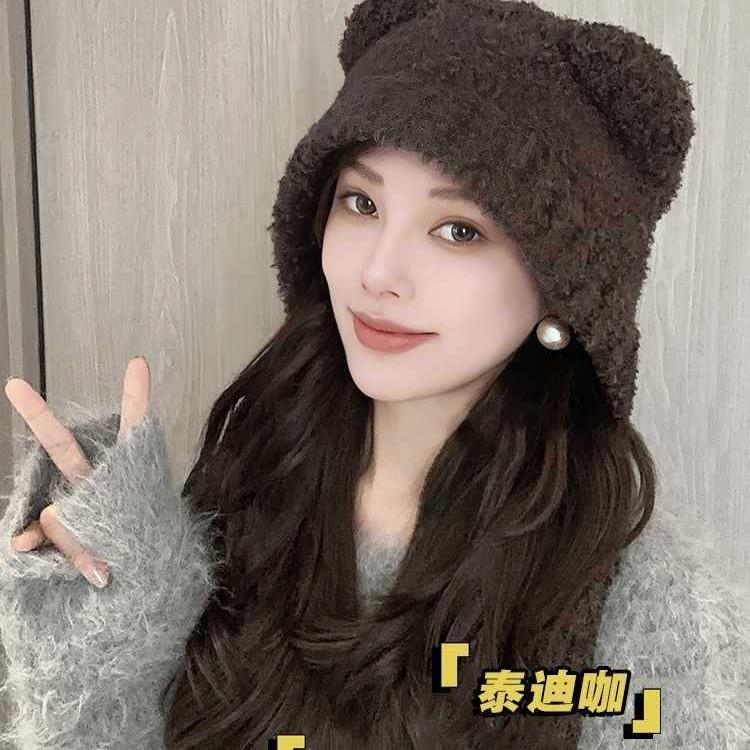 Cute bear ears knitted wool hat children autumn and winter show face small ear hat big head circumference strap cold hat