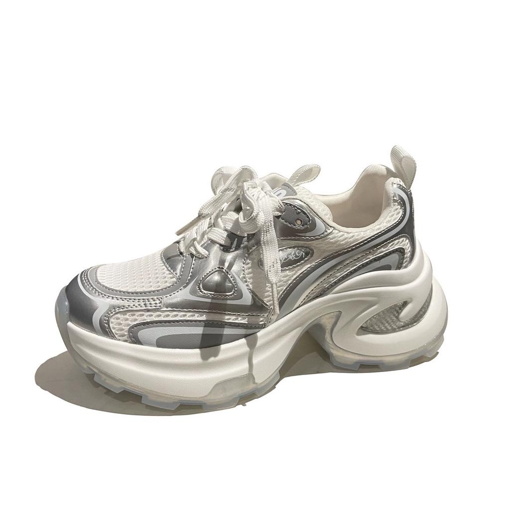 Platform dad shoes women's 2025 summer new fashionable versatile breathable mesh silver heightening casual sneakers