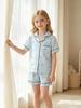 Conjunto de Pijama para Meninas Pré-Adolescentes com Estampa de Laços Listrados Sedosos Tubulação Preta Gola Lapela Manga Curta e Shorts Roupa de Dormir Fresca para o Verão para 8-12 Anos
