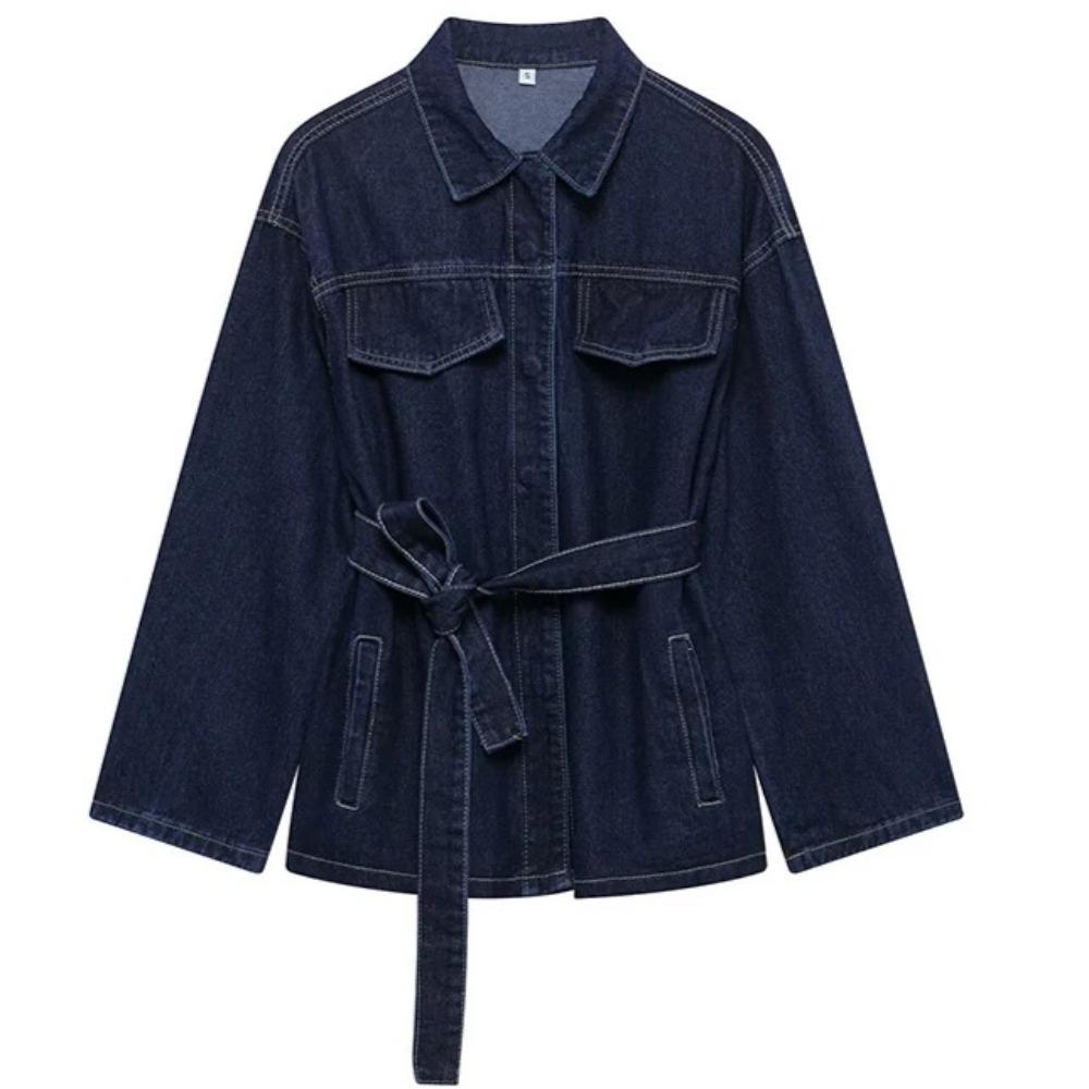 

Women Fashion with Belt Denim Blue Single Breasted Jackets Vintage Lapel Neck Long Sleeves Chic Lady Outfits L
