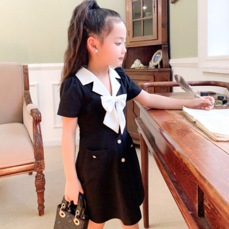 Girls Dress Summer Clothes Bow Princess Skirt Black V-neck Suit Fashion Dresses for Children