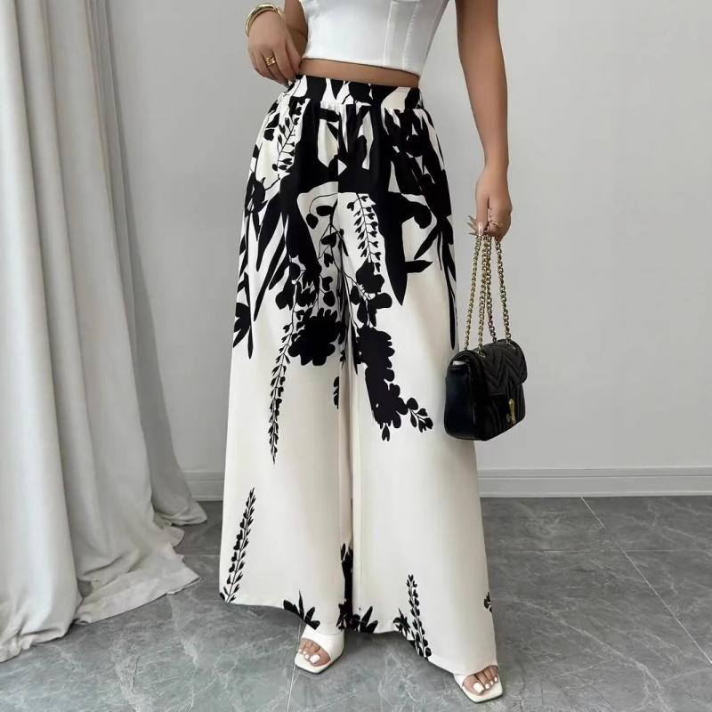 2026 Spring/Summer Women's Fashion Black and White Printed Slimming Casual Wide-Leg Pants