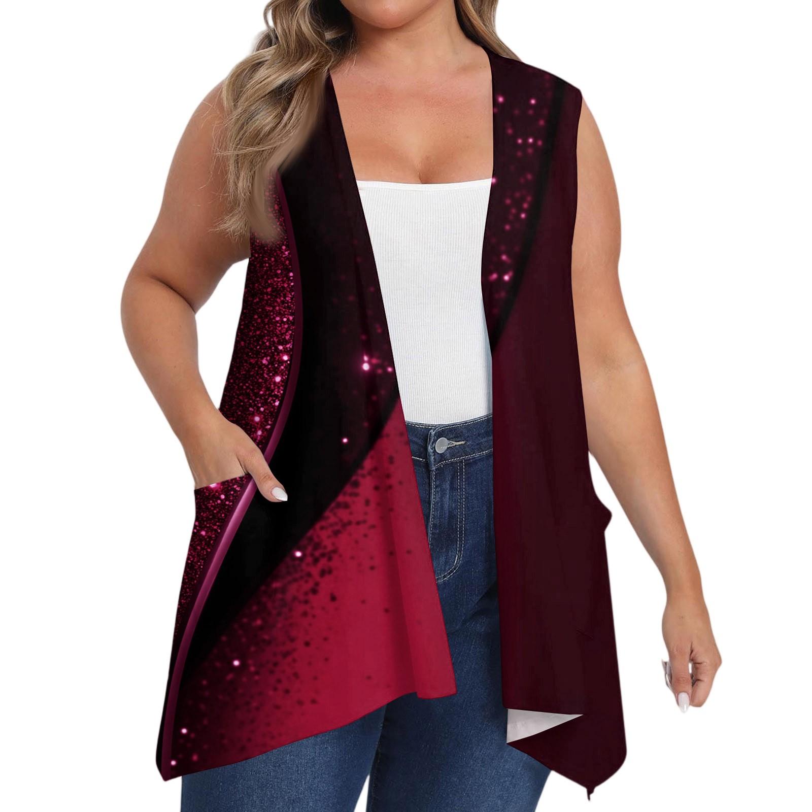 

Женский оверсайз свободный повседневный жилет без рукавов с принтом и карманом, кардиган-жакет XL красный