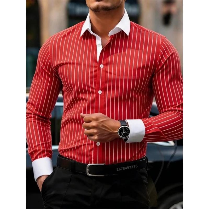Camicia da Uomo a Maniche Lunghe con Strisce Verticali Colletto a Contrasto Top Casual Formale