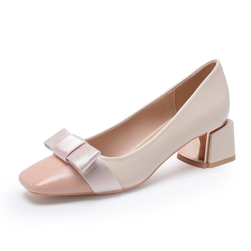 

Подходящие по цвету туфли Xiaoxiangfeng на толстом каблуке, женские, осень 2025, новые универсальные туфли на среднем каблуке с бантом на высоком каблуке 39